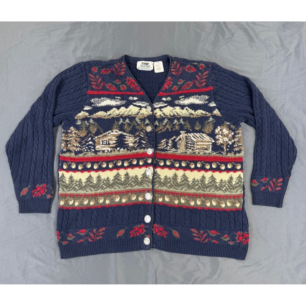 Northern Reflections Parkhurst Navy Blue Cabin Landscape Cardigan Sweater Size M